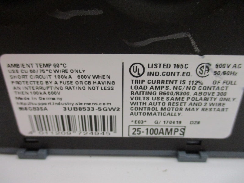 SIEMENS 958GB3SA 3UB8533-5GW2 600VAC 25-100A NUPI
