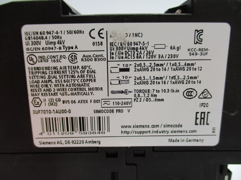 SIEMENS 3UF7010-1AU00-0 110-240V 6A NUPI
