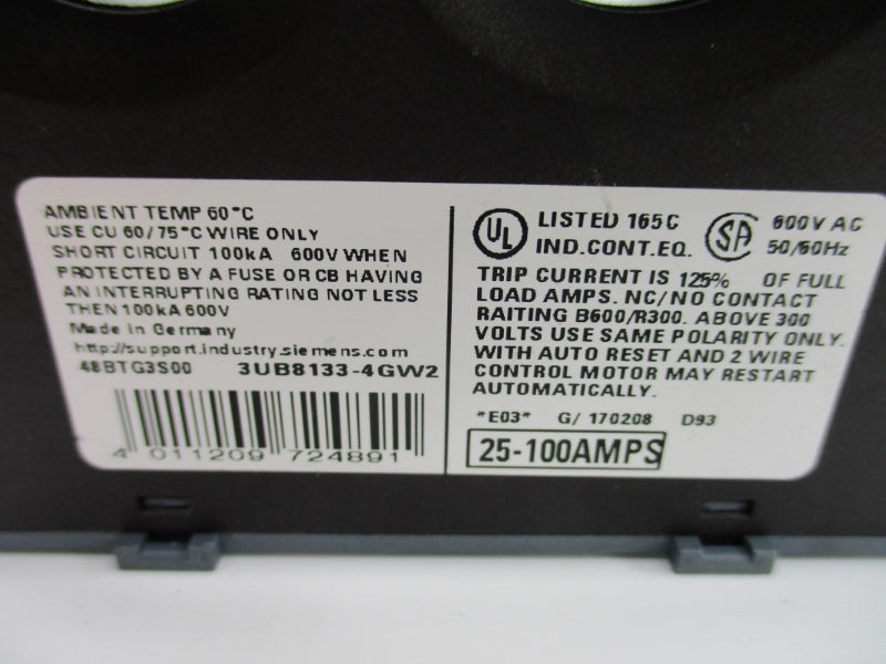 SIEMENS 48BTG3S00 3UB8133-4GW2 600VAC 25-100A NUPI