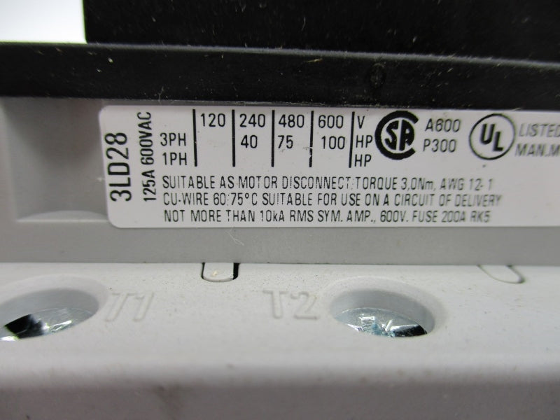 SIEMENS 3LD2814-0TK53 600VAC 125A NUPI