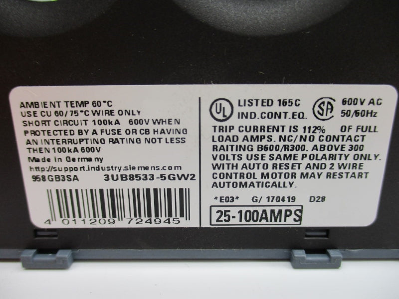 SIEMENS 958GB3SA 3UB8533-5GW2 600VAC 25-100A (AS PICTURED) NUPI