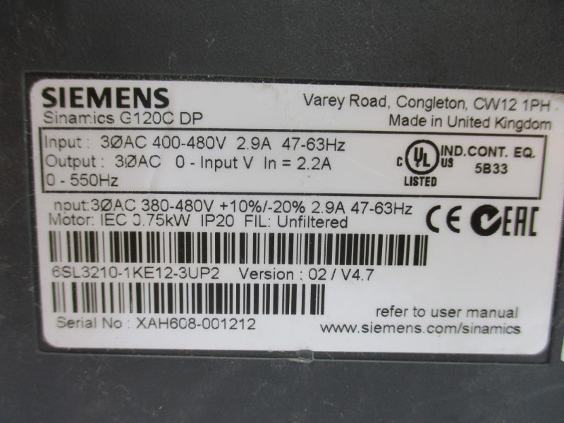 SIEMENS 6SL3210-1KE12-3UP2 400-480VAC 2.9A (AS PICTURED) NUPI