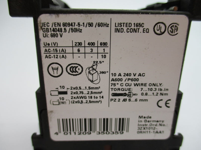 SIEMENS 3ZX1012-0RH11-1AA1 110VDC 10A NUPI