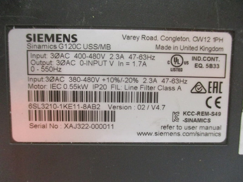 SIEMENS 6SL3210-1KE11-8AB2 400-480VAC 2.3A NUPI