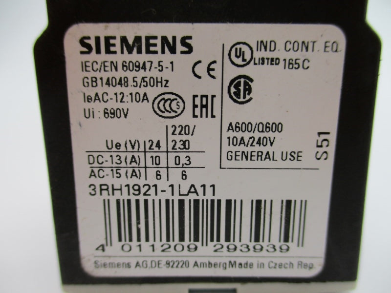 SIEMENS 3RH1921-1LA11 240V 10A NUPI