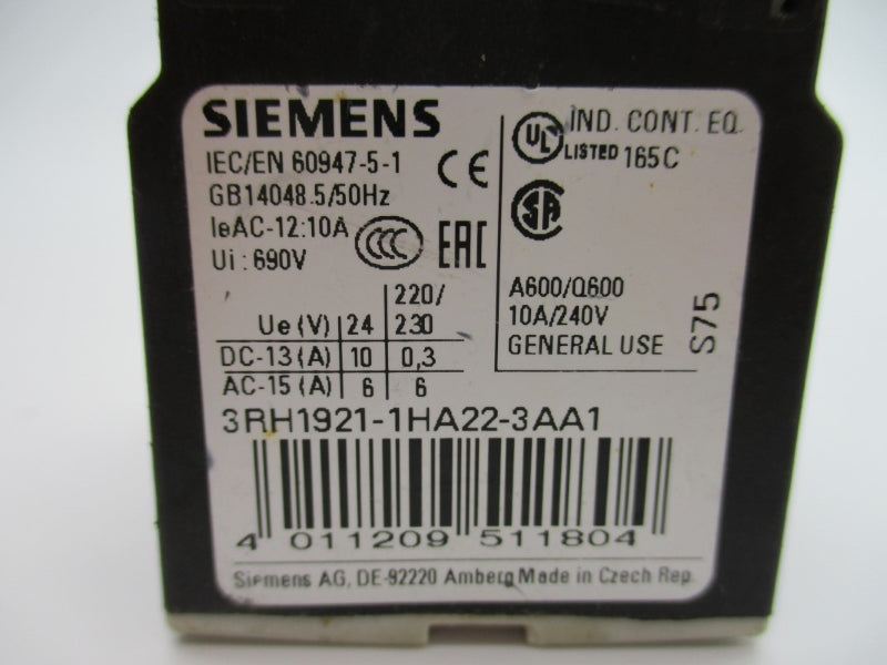 SIEMENS 3RH1921-1HA22-3AA1 240V 10A NUPI