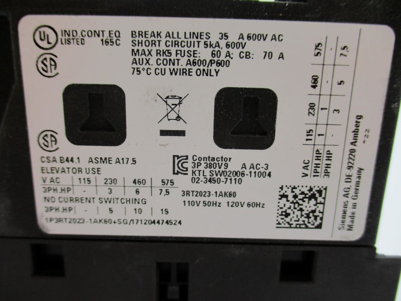 SIEMENS 3RT2023-1AK60 110/120V 70A (AS PICTURED) NUPI