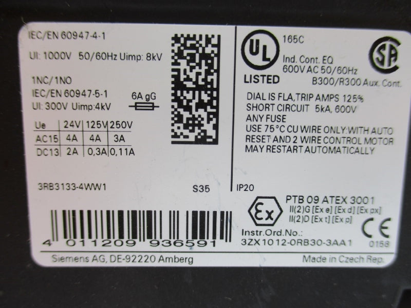 SIEMENS 3RB3133-4WW1 600VAC 20-80A NUPI