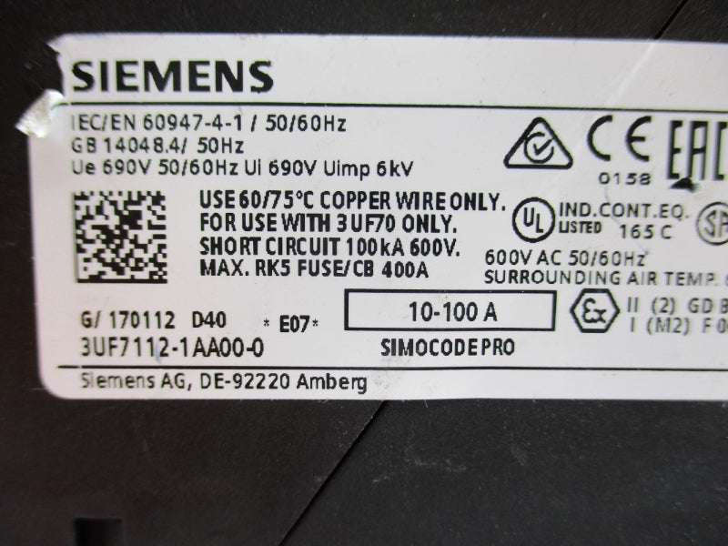 SIEMENS 3UF7112-1AA00-0 600VAC 10-100A NUPI