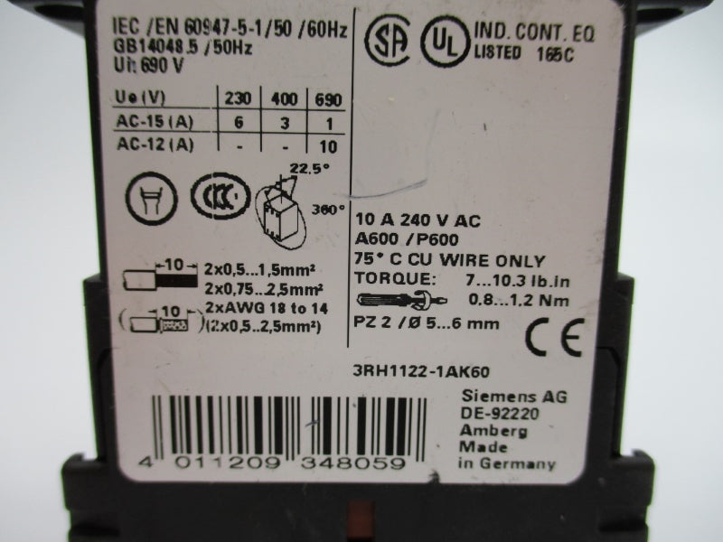 SIEMENS 3RH1122-1AK60 110/120V 10A NUPI