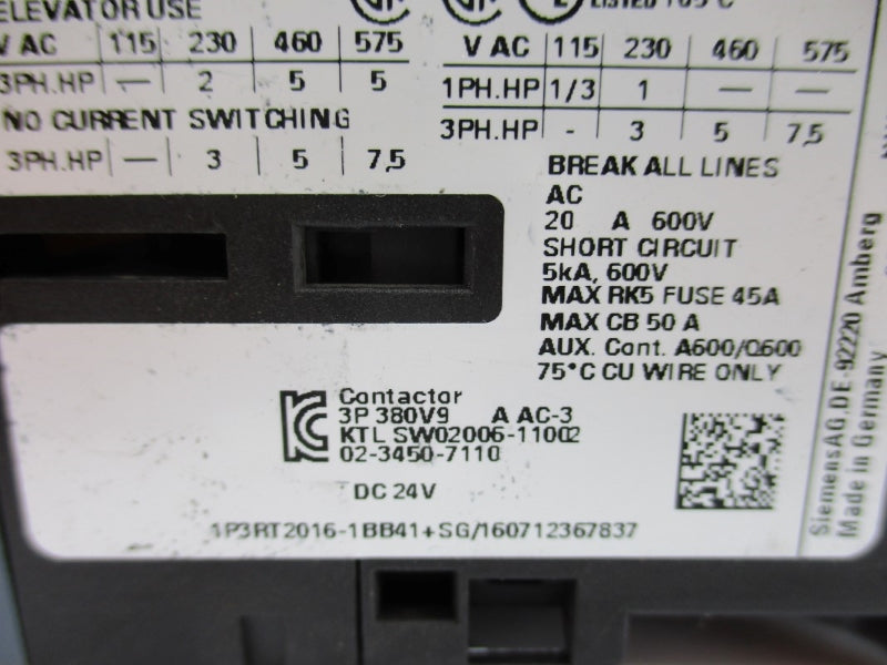 SIEMENS 3RT2016-1BB41 24VDC 20A (AS PICTURED) NUPI