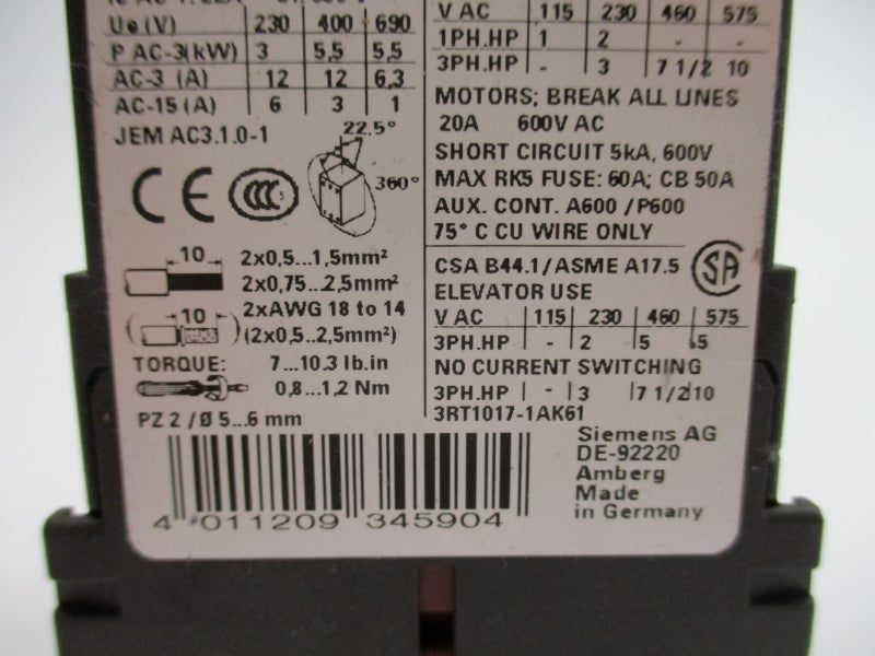 SIEMENS 3RT1017-1AK61 110/120V 20A NUPI