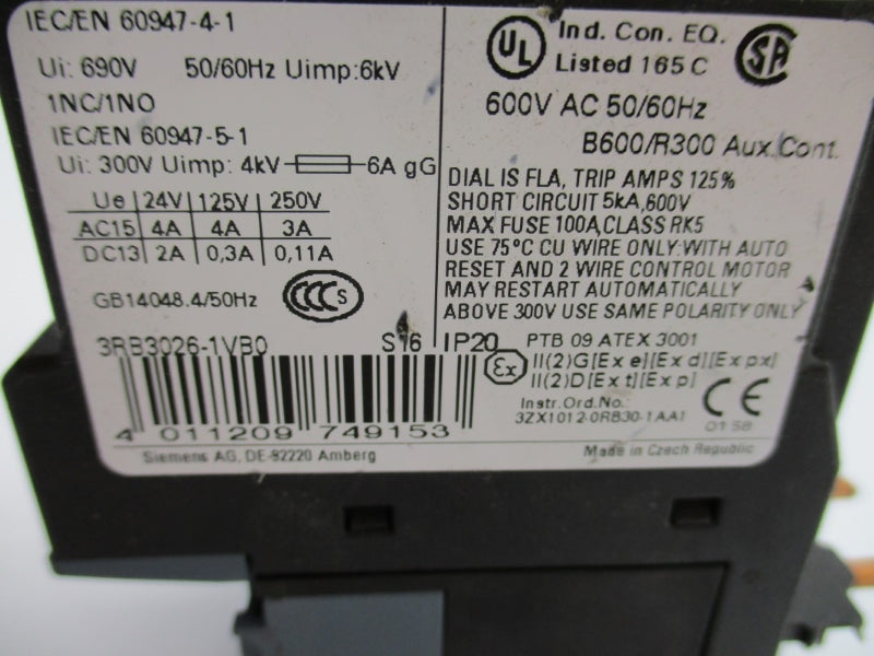 SIEMENS 3RB3026-1VB0 600VAC 10-40A NUPI