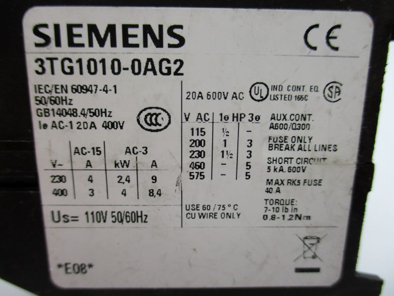 SIEMENS 3TG1010-0AG2 600VAC 20A NUPI