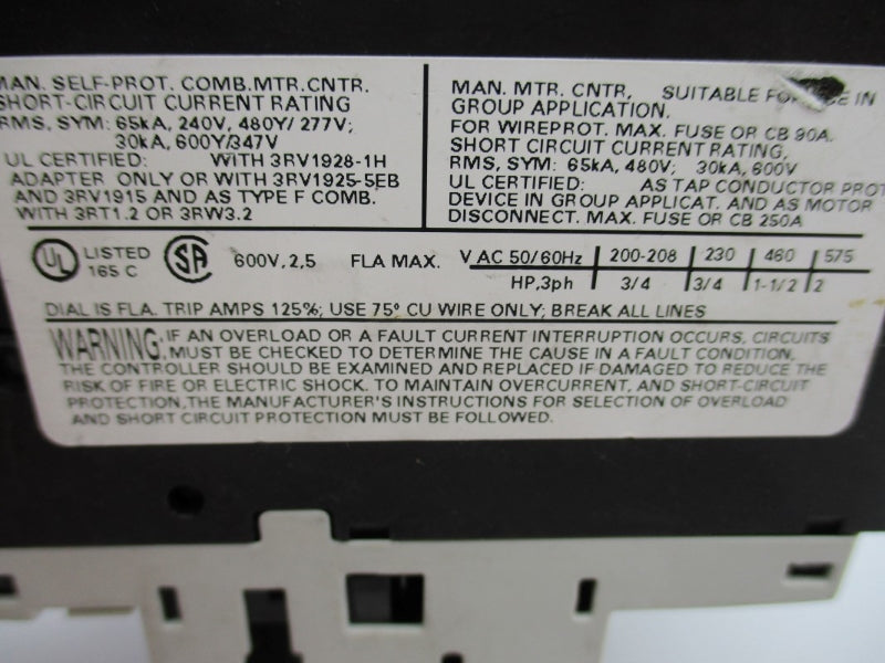 SIEMENS 3RV1021-1CA10 600V 1.8-2.5A NUPI