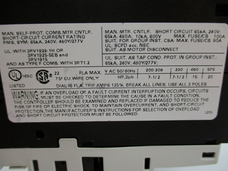 SIEMENS 3RV1021-4CA10 240V 17-22A NUPI