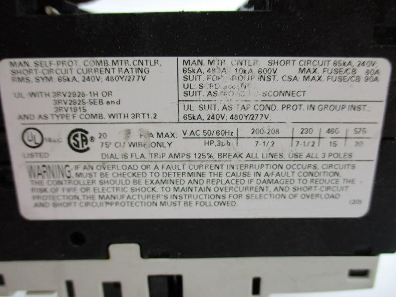 SIEMENS 3RV1021-4BA10 240V 14-20A NUPI