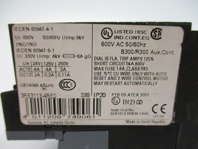 SIEMENS 3RB3113-4RE0 600VAC 0.1-0.4A NUPI
