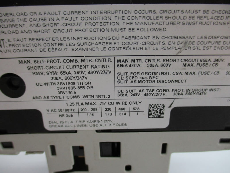 SIEMENS 3RV1021-0KA10 240V 0.9-1.25A NUPI