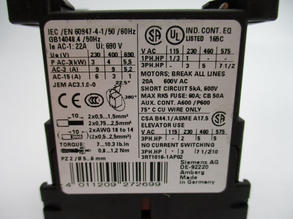 SIEMENS 3RT1016-1AP02 230V 20A NUPI