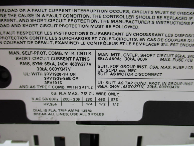 SIEMENS 3RV1021-0HA10 240V 0.55-0.8A NUPI