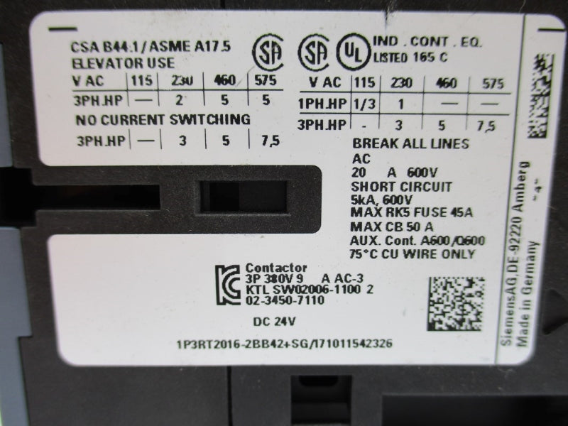 SIEMENS 3RT2016-2BB42 24VDC 20A NUPI