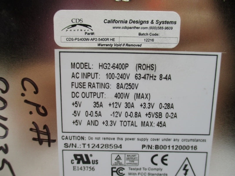 CALIFORNIA DESIGNS & SYSTEMS HG2-6400P CDS-PS400W-AP2-5400RHE 100-240VAC 8-4A NSNP
