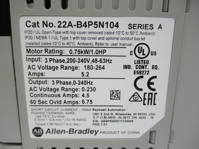 ALLEN BRADLEY 22A-B4P5N104 SER. A F/W 7.01 180-264V 4.5A NSMP