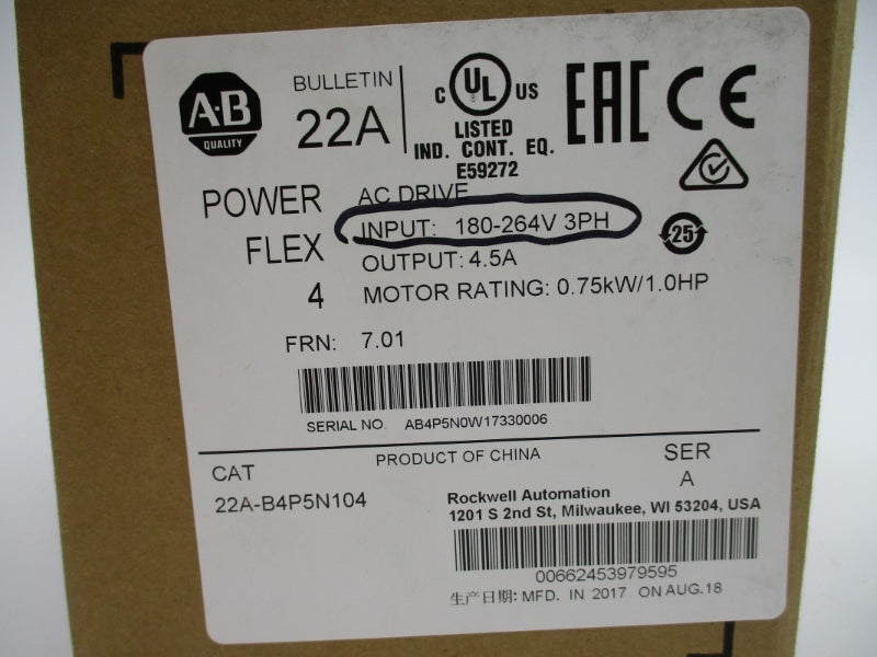 ALLEN BRADLEY 22A-B4P5N104 SER. A F/W 7.01 180-264V 4.5A NSMP