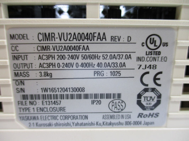 YASKAWA CIMR-VU2A0040FAA 200-240V 52.0/37.0A UNMP