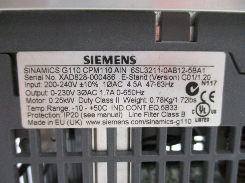 SIEMENS 6SL3211-0AB12-5BA1 200-240V 4.5A UNMP