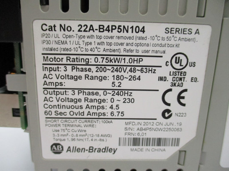 ALLEN BRADLEY 22A-B4P5N104 SER. A F/W 6.01 200-240V 5.2A (AS PICTURED) NSNP