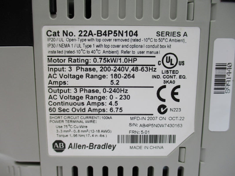 ALLEN BRADLEY 22A-B4P5N104 SER. A F/W 6.01 180-264V 4.5A NSMP