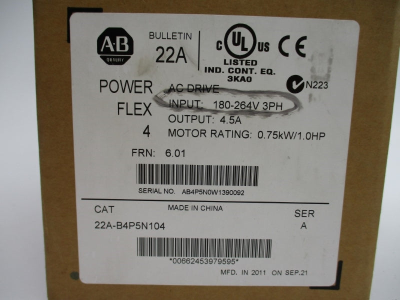ALLEN BRADLEY 22A-B4P5N104 SER. A F/W 6.01 180-264V 4.5A NSMP
