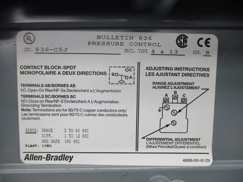 ALLEN BRADLEY 836-C5J SER. B 2-80PSI (BR/WH) NSMP