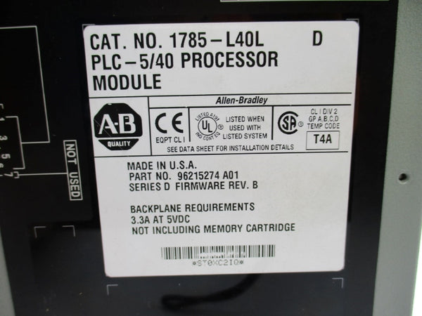ALLEN BRADLEY 1785-L40L SER. D F/W B 5VDC 3.3A NUPI