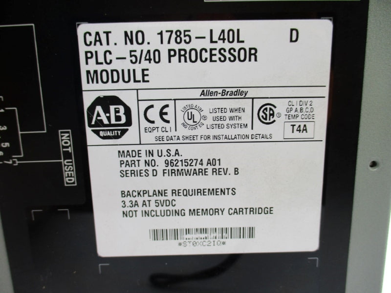 ALLEN BRADLEY 1785-L40L SER. D F/W B 5VDC 3.3A NUPI