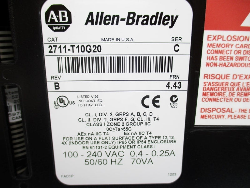 ALLEN BRADLEY 2711-T10G20 SER. C F/W 4.43 100-240VAC 0.4-0.25A NSMP