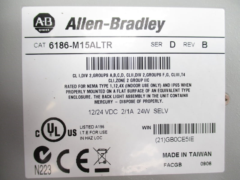 ALLEN BRADLEY 6186-M15ALTR SER. D 12/24VDC 2/1A REMAN