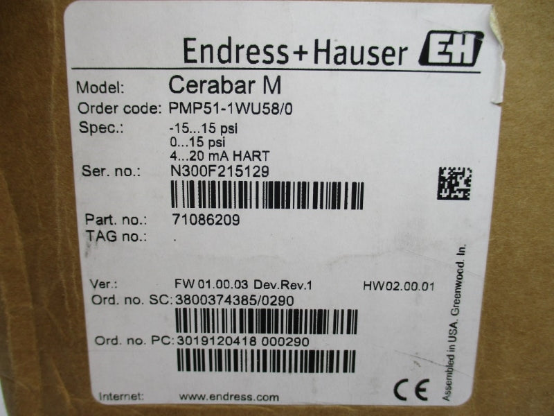 ENDRESS+HAUSER PMP51-1WU58/0 71086209 11.5-45VDC -15-15PSI NSMP