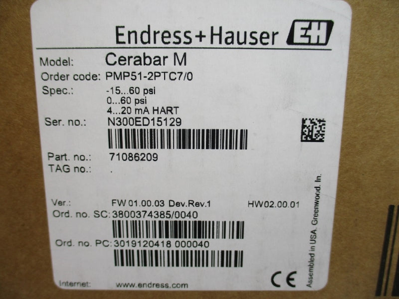 ENDRESS+HAUSER PMP51-2PTC7/0 71086209 11.5-45VDC -15-60PSI NSMP