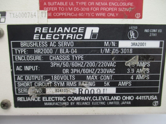 RELIANCE ELECTRIC HR2000/BLA-04 3RA2001 230VAC 3.9A UNMP