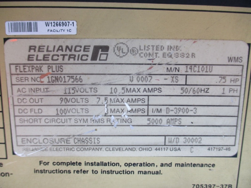 RELIANCE ELECTRIC 14C101U 115VAC 10.5A UNMP