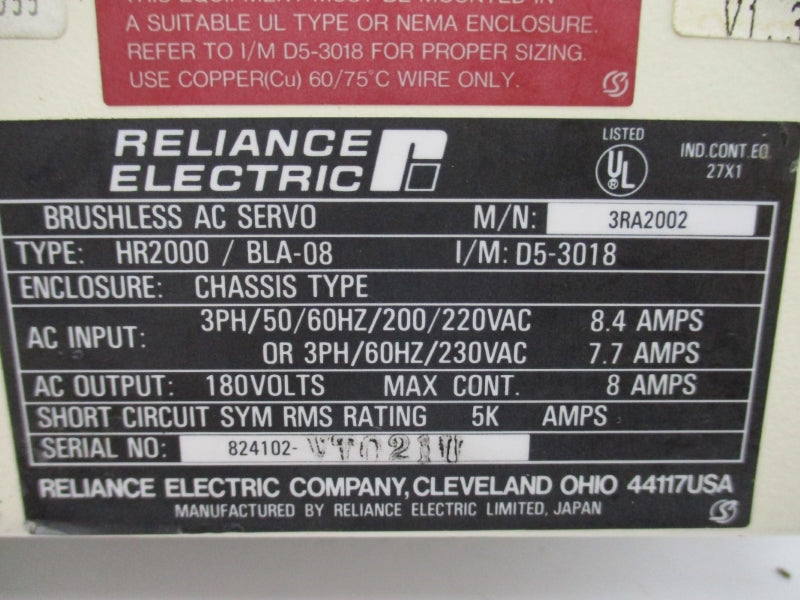RELIANCE ELECTRIC HR2000/BLA-08 3RA2002 230VAC 8.4A UNMP