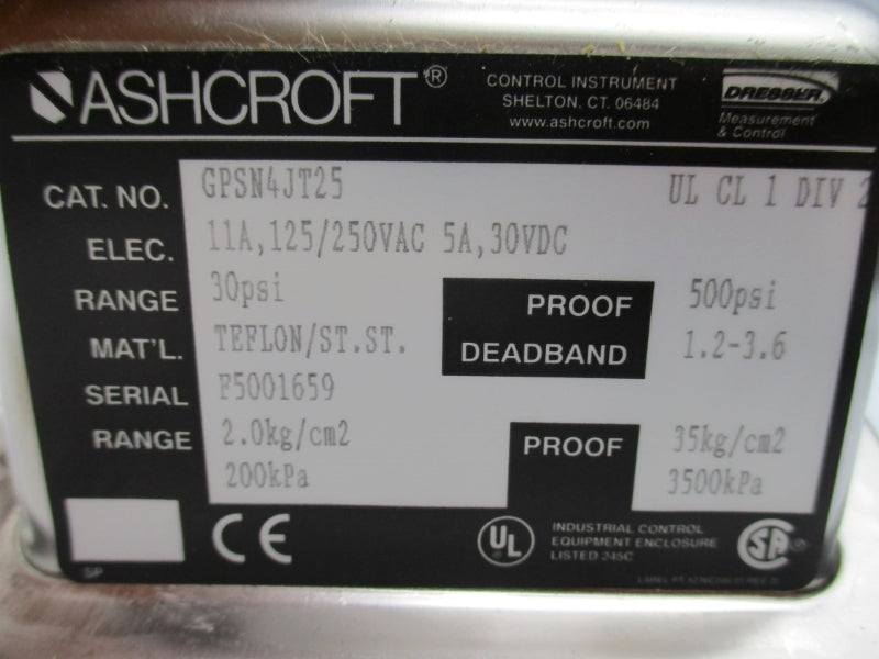ASHCROFT GPSN4JT25 125/250VAC 11A 30PSI NSNP