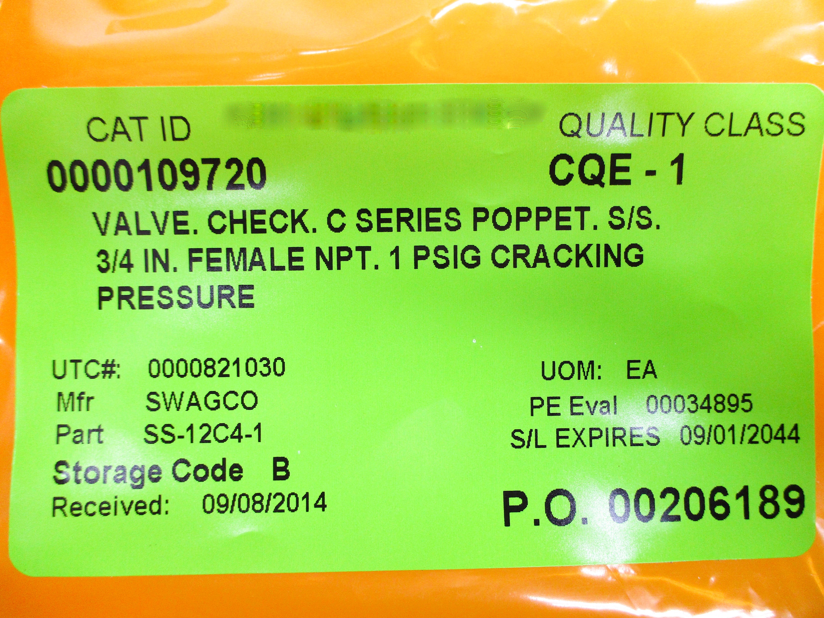 SWAGELOK SS-12C4-1 1PSI NSNP