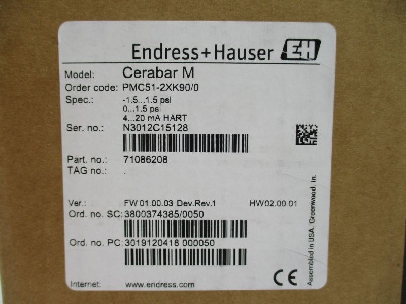 ENDRESS+HAUSER PMC51-2XK90/0 71086208 11.5-45VDC -1.5-1.5PSI NSMP