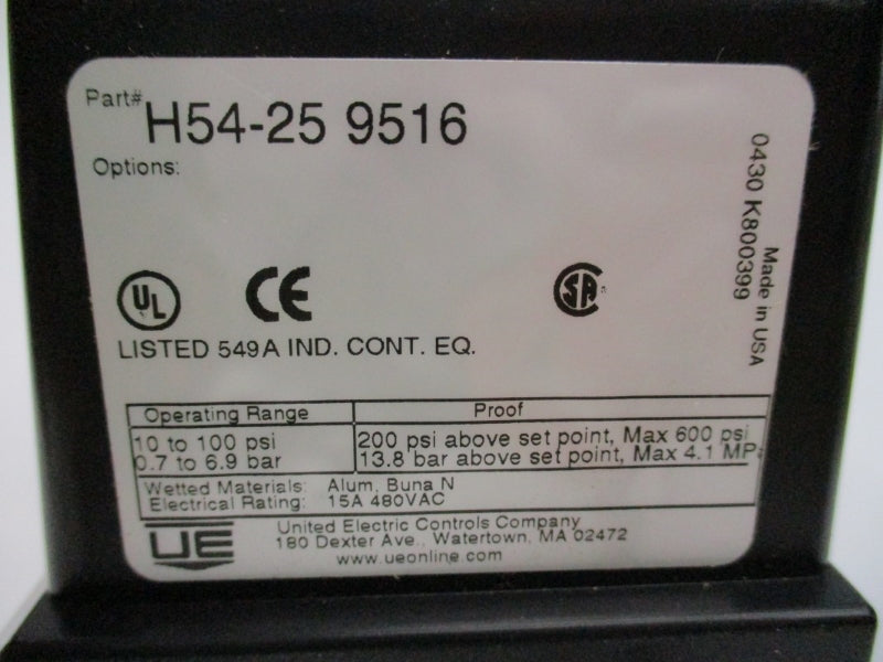 UNITED ELECTRIC H54-25 480VAC 15A 10-100PSI NSNP