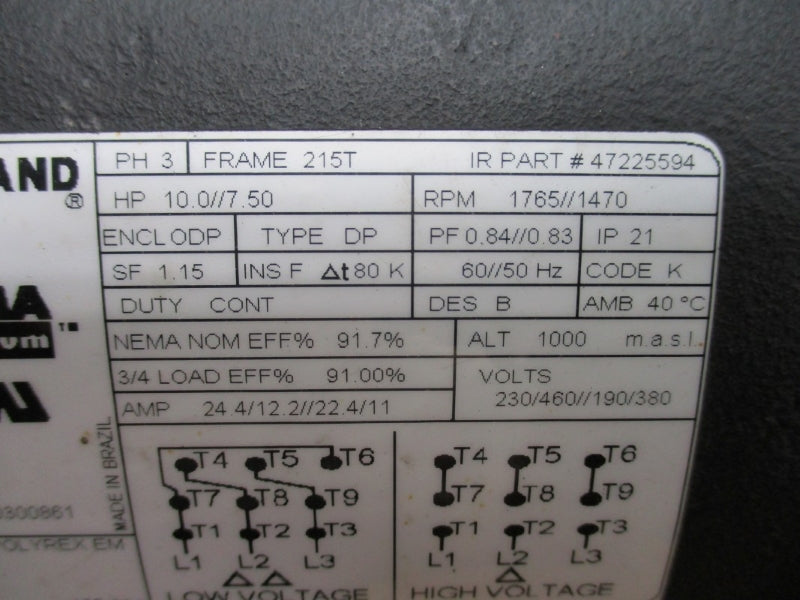 INGERSOLL RAND 10 HP TO0IF0X0N0000300861 47225594 230/460//190/380V 24.4/12.2//22.4/11A NSNP