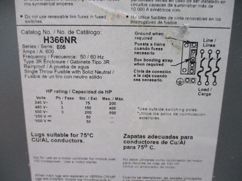 SQUARE D H366NR SER. E05 600VAC/DC 600A NSNP